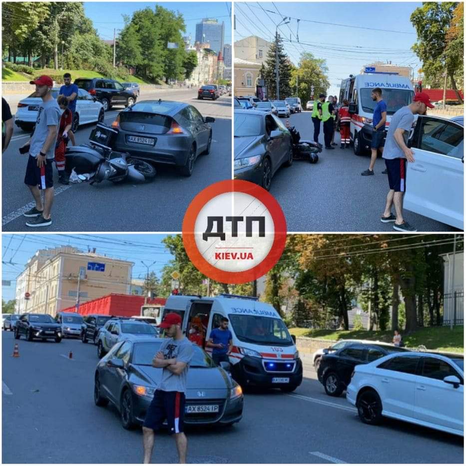 Мото ДТП с пострадавшими в Киеве на Льва толстого - скутерист Ракета без прав и документов врезался в Honda и перелетел через авто: oтвлекся на телефон