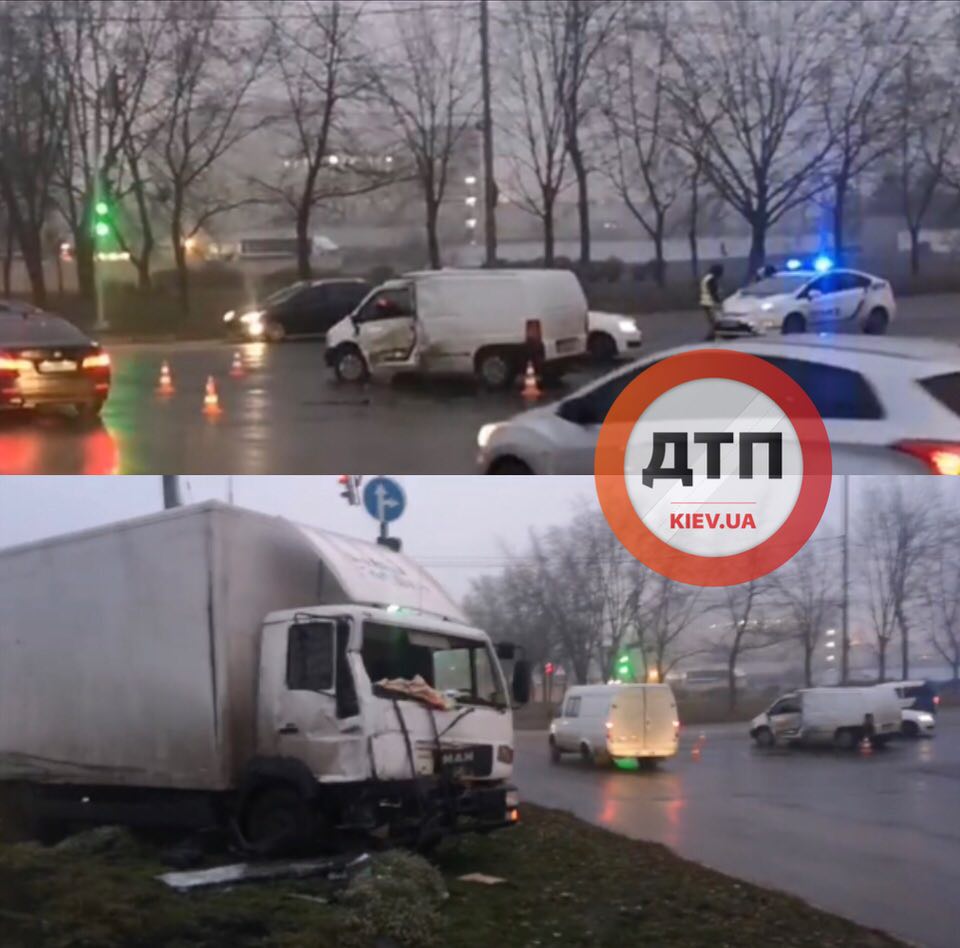 В Киеве на перекрестке улиц Богатырской и Полярной произошло серьезное ДТП: грузовик МАН столкнулся с Mercedes